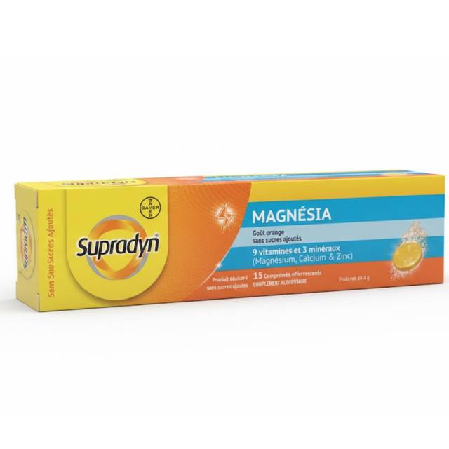 BAYER SUPRADYN MAGNESIA 120MG 9 VITAMINES + 3 MINERAUX COMP EFFERVESCENT BT/15 C/140